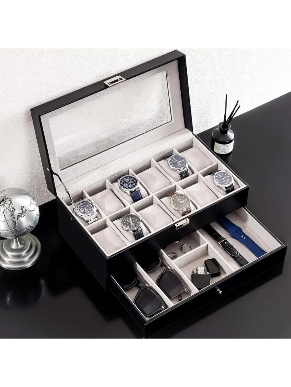 12-Slot Men's Watch Box Organizer with Drawer & Glass Lid - Jewelry Storage Gift